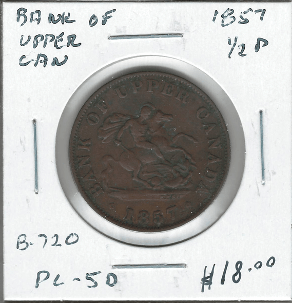 Province of Canada: Bank of Upper Canada 1857 1/2 Penny PC-5D #4 Province of Canada: Bank of Upper Canada 1857 1/2 Penny PC-5D #4