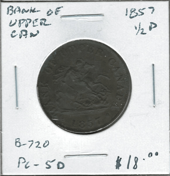 Province of Canada: Bank of Upper Canada 1857 1/2 Penny PC-5D #5 Province of Canada: Bank of Upper Canada 1857 1/2 Penny PC-5D #5