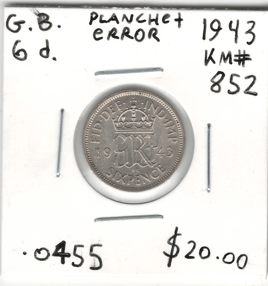 Great Britain: 1943 6 Pence Planchet Error