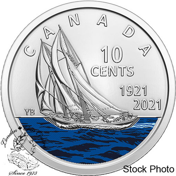 Canada: 2021 10 Cent 100th Anniversary of the Bluenose Coloured Coin BU