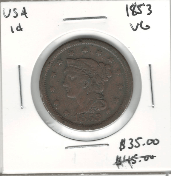 United States:  1853 1 Cent VG