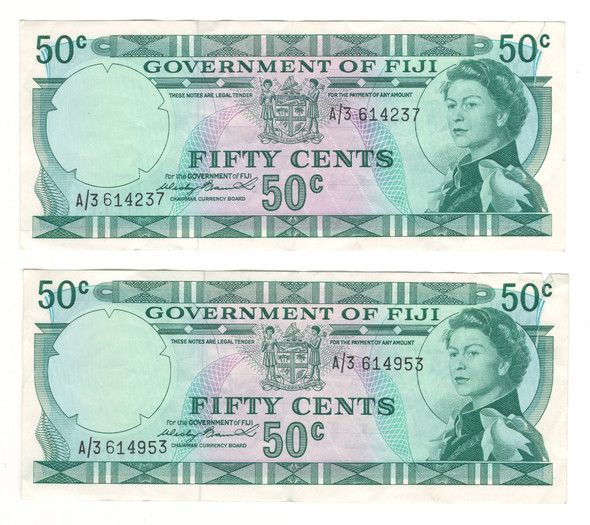 Fiji: 1969 Banknote Collection Lot (2 Pieces) Fiji: 1969 Banknote Collection Lot (2 Pieces)