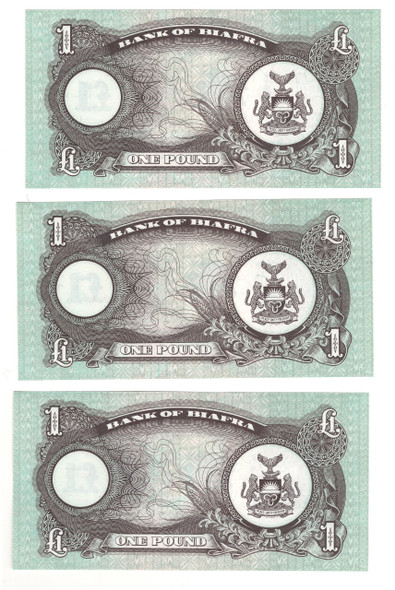 Biafra: 1969 1 Pound Banknotes 3 Consecutive in Sequence Biafra: 1969 1 Pound Banknotes 3 Consecutive in Sequence