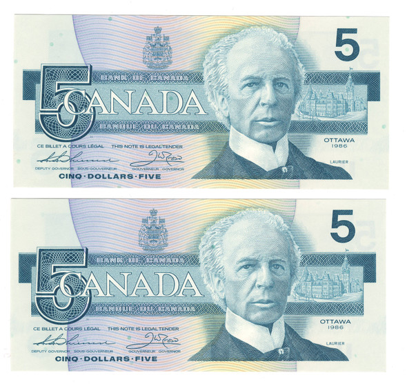 Canada: 1986 $5 Bank Of Canada Banknotes 2 Consecutive in Sequence BC-56b