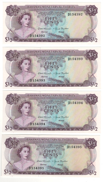 Bahamas: 1968 50 Cents, 4 Consecutive Banknotes Bahamas: 1968 50 Cents, 4 Consecutive Banknotes