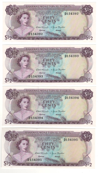 Bahamas: 1968 50 Cents, 4 Consecutive Banknotes