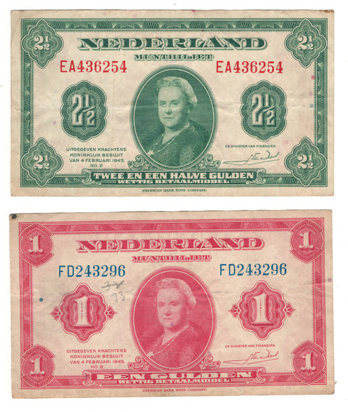 Netherlands: 1943 Lot of 1 And 2 1/2 Gulden Netherlands: 1943 Lot of 1 And 2 1/2 Gulden