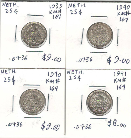 Netherlands: 1939-41 25 Cents 4 Piece Lot