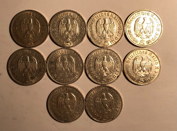 Germany: Third Reich Silver 5 Mark Coins Lot of 10 #4 Germany: Third Reich Silver 5 Mark Coins Lot of 10 #4