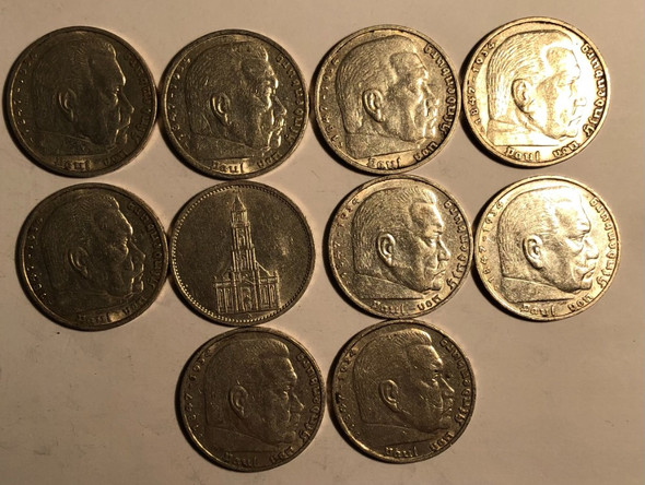 Germany: Third Reich Silver 5 Mark Coins Lot of 10 #4 Germany: Third Reich Silver 5 Mark Coins Lot of 10 #4