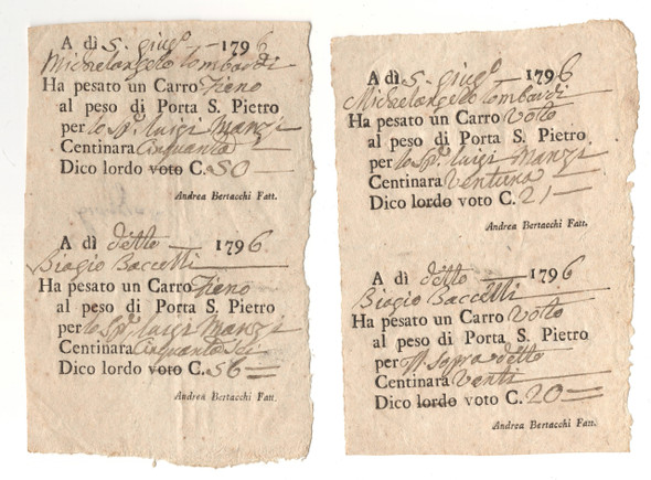 Italy, Papal States: 1796 Lot of 2 Invoices for Weighing Carts