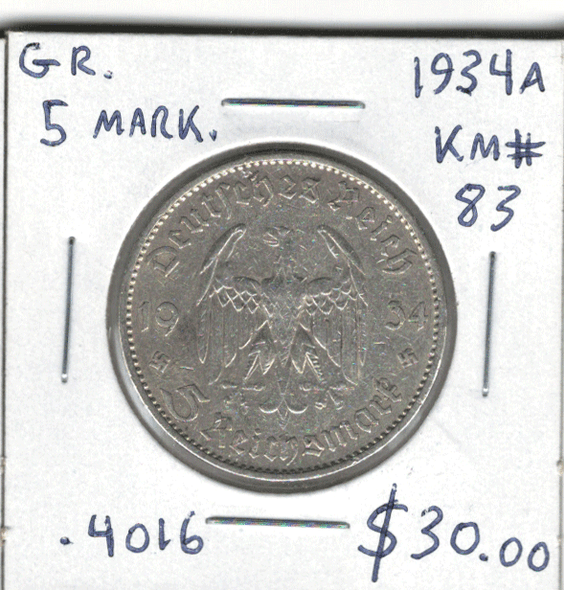 Germany: 1934A 5 Mark