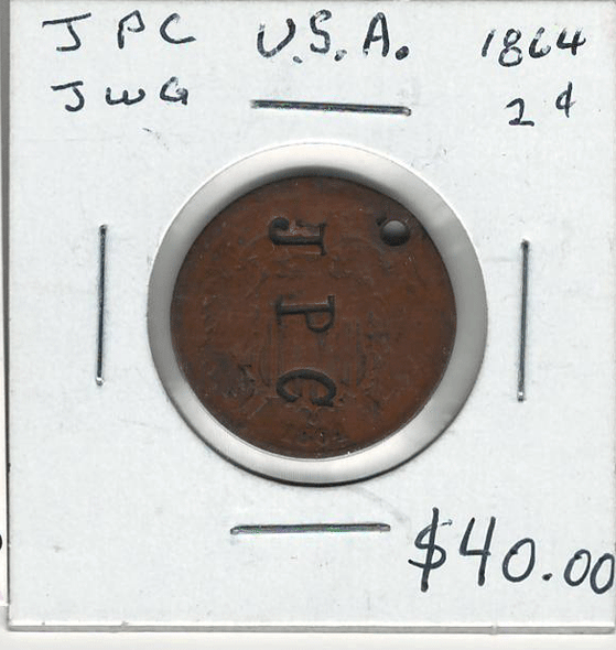 United States: 1864 2 Cents With J.P.C. and J.W.G. Countermarks