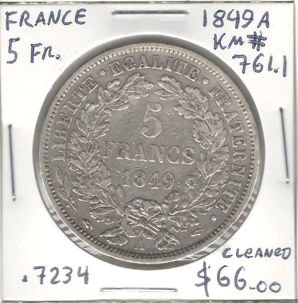 France: 1849A 5 Francs, Cleaned France: 1849A 5 Francs, Cleaned