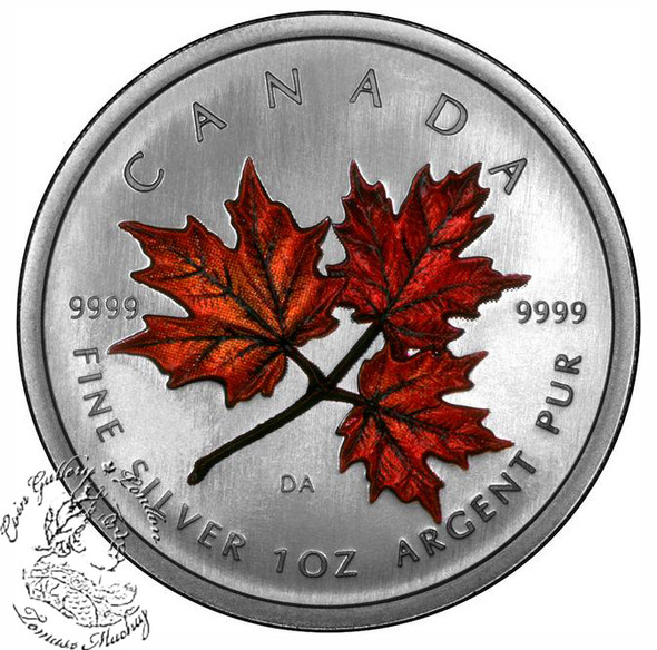 Canada: 2001 $5 Orange Coloured Silver Maple Leaf Autumn