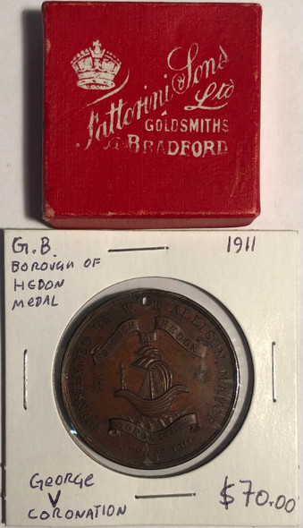 Great Britain, Borough of Hedon: 1911 George V Coronation Medal in Original Box Great Britain, Borough of Hedon: 1911 George V Coronation Medal in Original Box