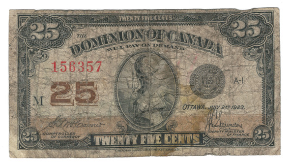 Canada: 1923 25 Cent Banknote Dominion of Canada DC-24c Canada: 1923 25 Cent Banknote Dominion of Canada DC-24c