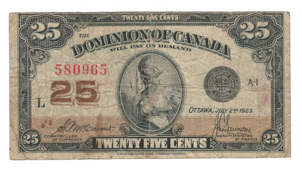 Canada: 1923 25 Cent Banknote Dominion of Canada DC-24c Canada: 1923 25 Cent Banknote Dominion of Canada DC-24c