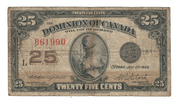 Canada: 1923  25  Cent  Banknote  Dominion  of  Canada  DC-24d