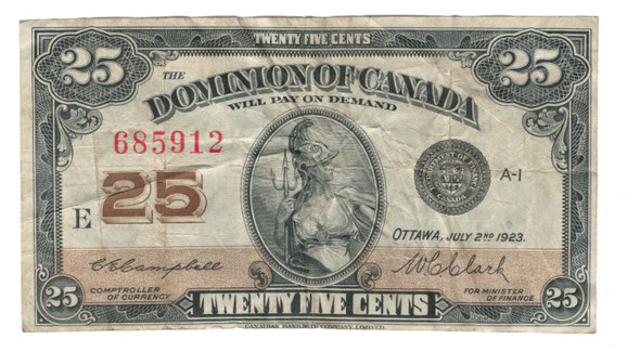 Canada:  1923  25  Cent  Banknote  Dominion  of  Canada DC-24d
