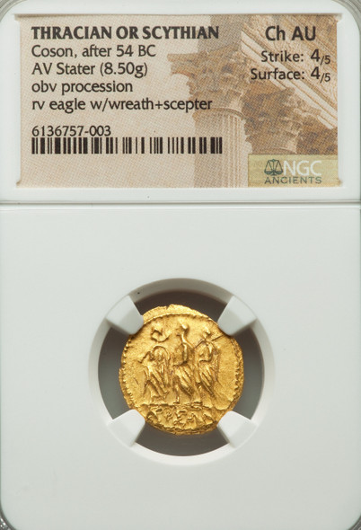 Thrace or Scythia: c. 54 B.C. Gold Stater (8.5g) NGC Choice AU Strike 4/5 Surface 4/5 Thrace or Scythia: c. 54 B.C. Gold Stater (8.5g) NGC Choice AU Strike 4/5 Surface 4/5