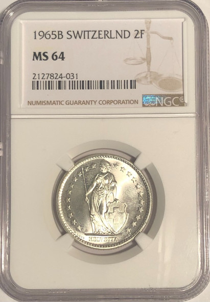 Switzerland: 1965B 2 Franc NGC MS64 Switzerland: 1965B 2 Franc NGC MS64
