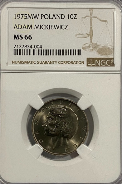 Poland: 1975MW 10 Zlotych, Adam Mickiewicz Commemorative NGC MS66 Poland: 1975MW 10 Zlotych, Adam Mickiewicz Commemorative NGC MS66