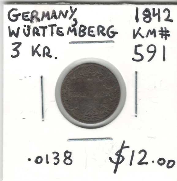 Germany, Wurttemberg: 1842 3 Kreuzer