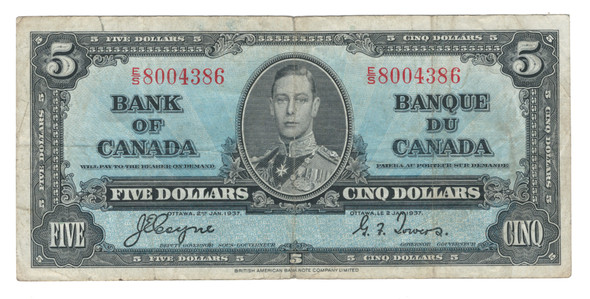 Canada: 1937 $5  Bank  Of Canada Banknote BC-23c