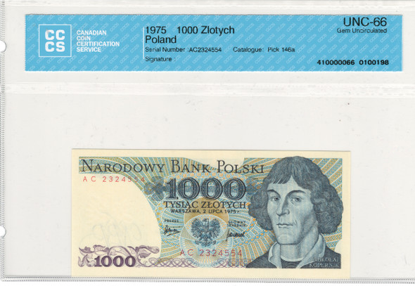 Poland: 1975 1000 Zlotych Banknote CCCS UNC66 Gem Uncirculated