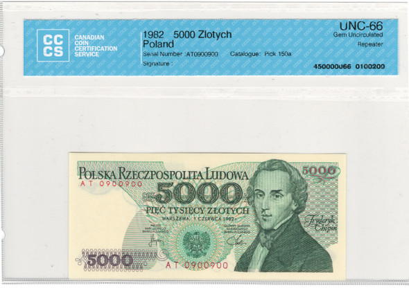Poland: 1982 5000 Zlotych Repeater Banknote CCCS UNC66 Gem Uncirculated Poland: 1982 5000 Zlotych Repeater Banknote CCCS UNC66 Gem Uncirculated