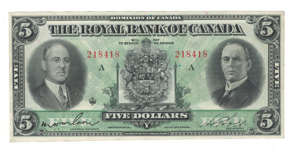 Canada: 1933 $5 Banknote - The Royal Bank of Canada Canada: 1933 $5 Banknote - The Royal Bank of Canada