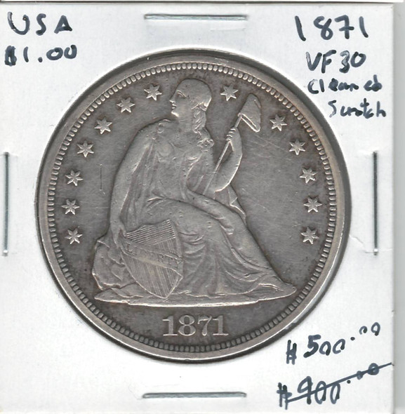United States: 1871 Seated Liberty Dollar VF30