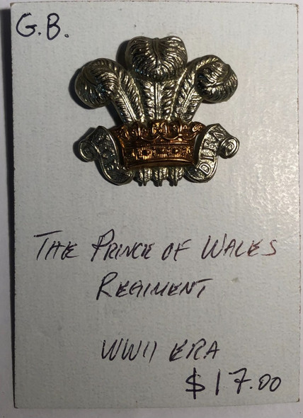 Great Britain: WWII Era Prince of Wales Regiment Cap Badge Great Britain: WWII Era Prince of Wales Regiment Cap Badge