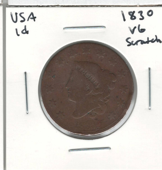 United States: 1830 1 Cent Large Letters VG Scratch