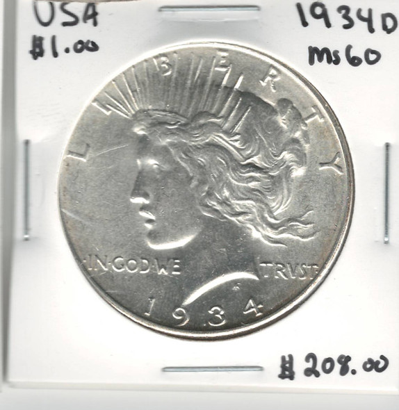 United States: 1934D Peace Dollar MS60