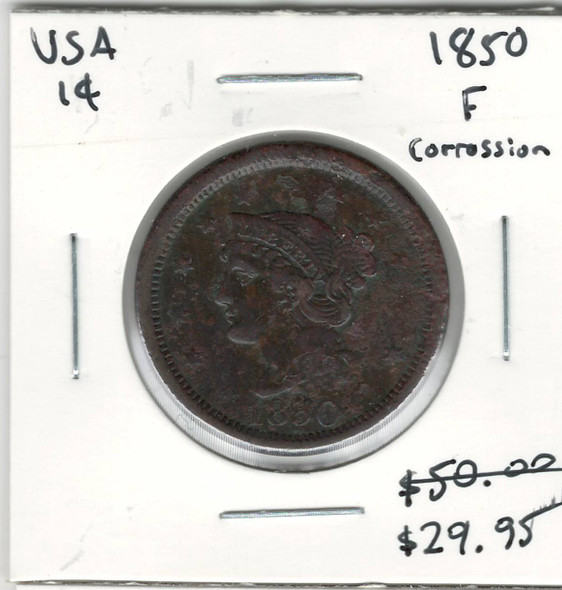 United States: 1850 1 Cent F12 Corrosion