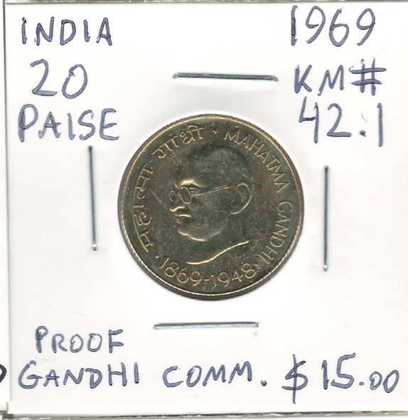India: 1969 20 Paise Proof Gandhi Commemorative