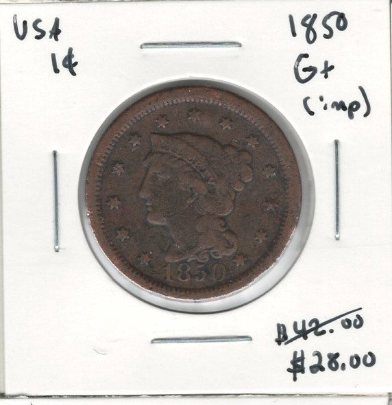 United States: 1850 1 Cent G+ with Imperfections