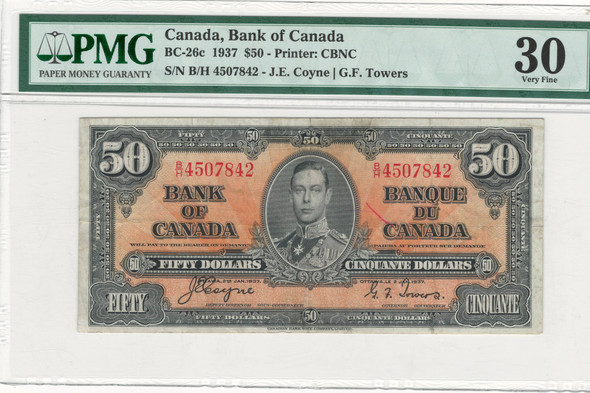 Canada: 1937 $50 Bank  Of Canada  Banknote  BC-26c PMG VF30