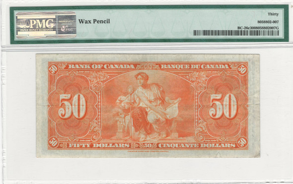 Canada: 1937 $50 Bank  Of Canada  Banknote  BC-26c PMG VF30