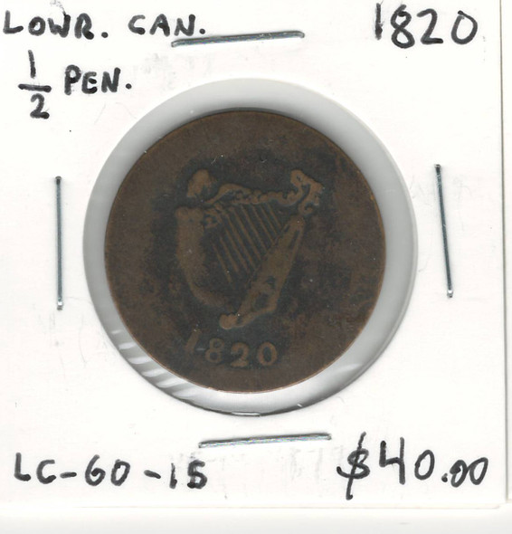 Lower Canada: 1820 Bust and Harp 1/2 Penny  LC-60-15