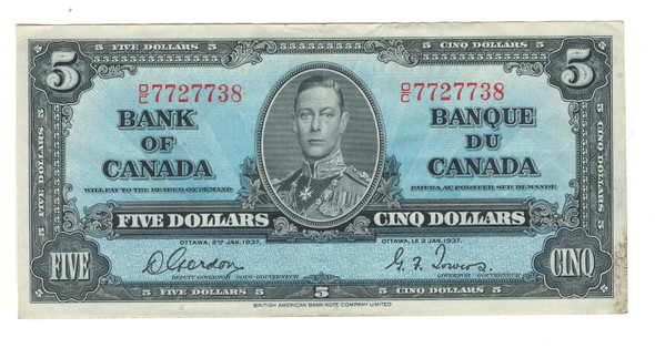 Canada:  1937  $5  Bank Of  Canada  Banknote  BC-23c