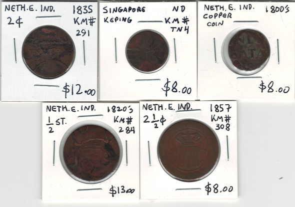 Netherlands/British East Indies: 1800's 5 Piece Coin Lot