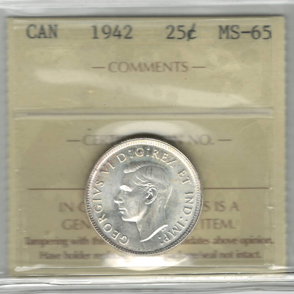 Canada: 1942 25 Cent   ICCS MS65