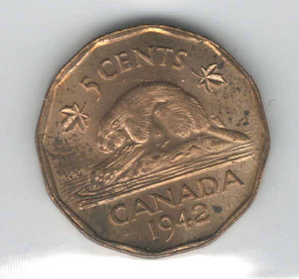 Canada: 1942 5 Cent Tombac ICCS MS64