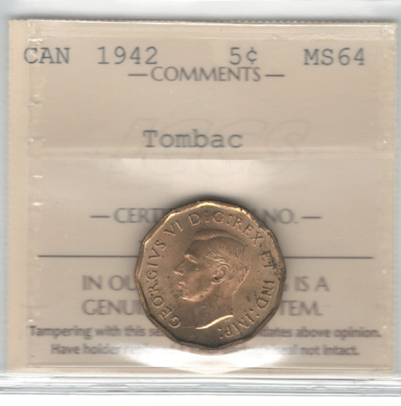 Canada: 1942 5 Cent Tombac ICCS MS64