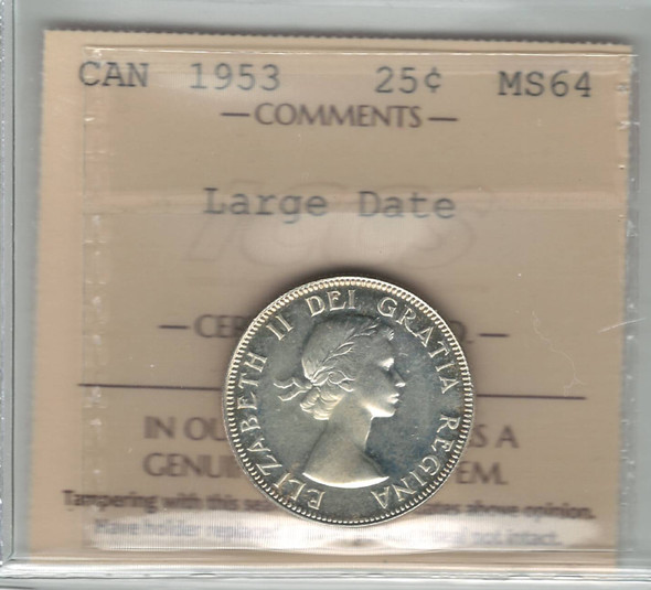 Canada: 1953 25 Cents NSF Large Date ICCS MS64 Canada: 1953 25 Cents NSF Large Date ICCS MS64