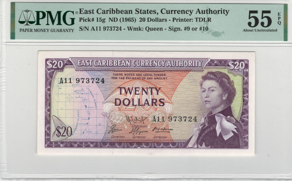 East Caribbean: 1965 20 Dollar Banknote PMG AU55 EPQ