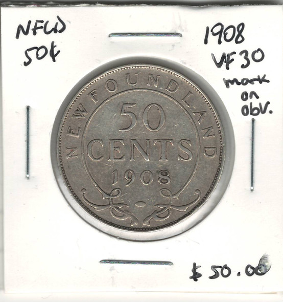 Canada: Newfoundland: 1908 50 Cent VF30 Mark on Obverse